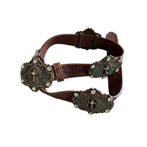 Tony Lama Brown Tooled Leather Swarovski Crystals Concho Cross Western Belt 34
